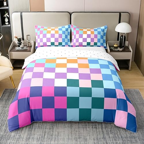 Miniatura 25 de Juego de ropa de cama a cuadros para adolescentes, mujeres, hombres, rosa, negro, a cuadros, 100% algodón, tamaño matrimonial, para niños y niñas,