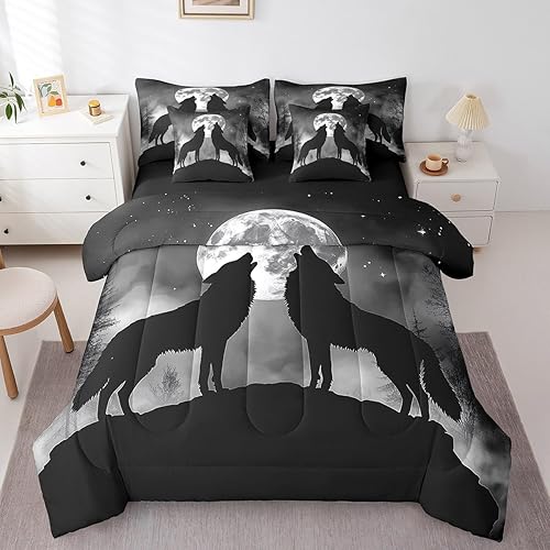 Erosebridal Wolf 7 Piece Bed in a Bag King Size,Howling Wolves Wild Animal Beddi