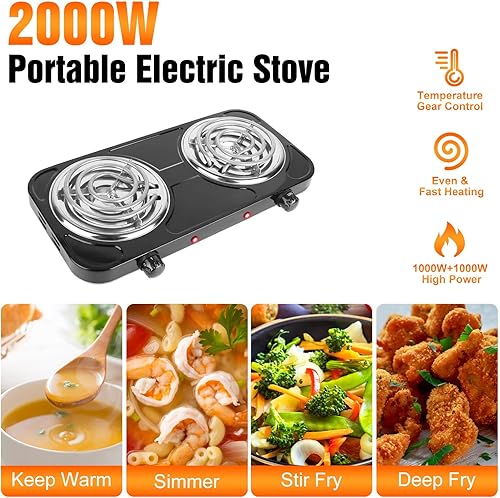 Miniatura 3 de Placa eléctrica de doble quemador de 2000 W, placa caliente portátil para cocinar, estufa de cocina con 5 ajustes de temperatura, quemador de