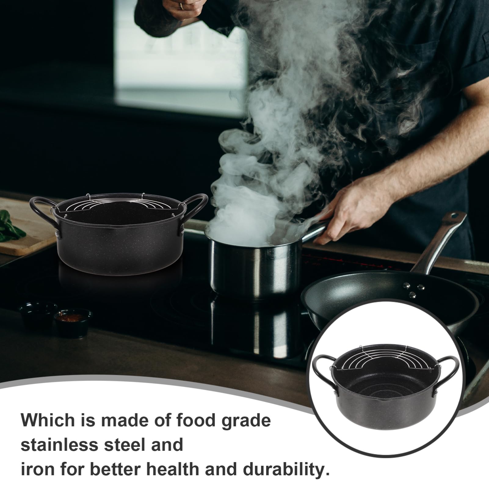 NAMOARLY Mini Deep Fryer Stove Top Large Frying Pan Non-stick Tempura Frying Pot Oil Drainer Rack for Family