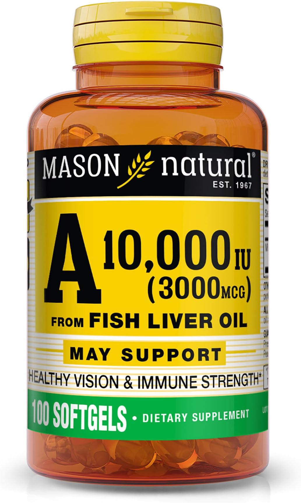 MASON NATURAL Vitamin A 3,000 mcg (10,000 IU) from Fish Liver Oil, Supports Vision & Immune Health, 100 Softgels