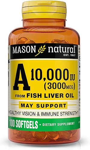 MASON NATURAL Vitamina A 3000 mcg (10000 UI) de aceite de hígado de pescado, promueve una visión saludable, apoya un sistema inmunológico saludable,
