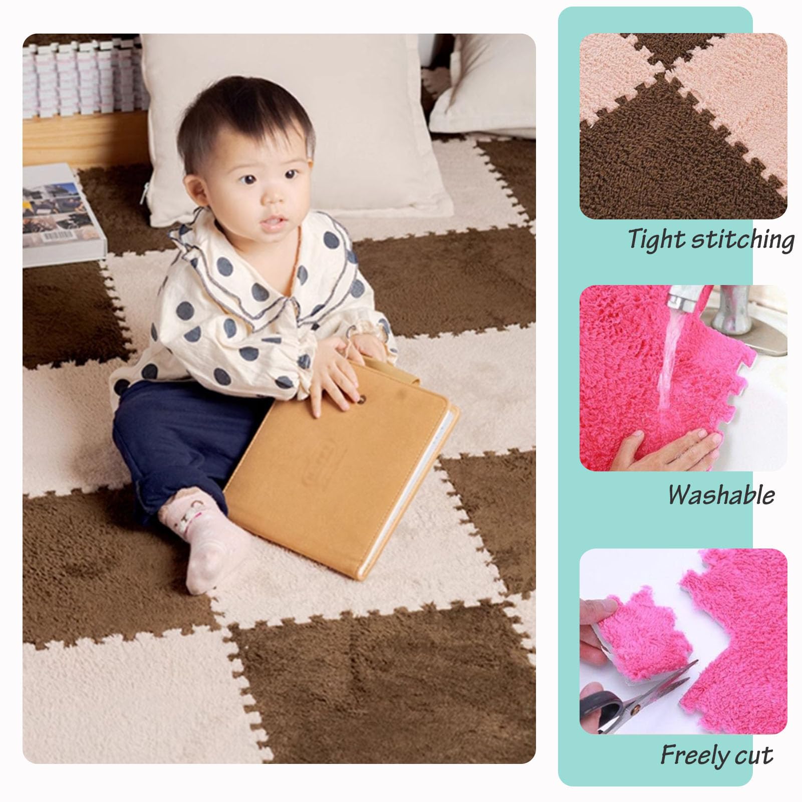 Splice Interlocking Carpet 10 Pezzi Tappetino da Pavimento Quadrato ad Incastro, Tappetino da Pavimento in Schiuma di Puzzle di Peluche, Tappeto soffice, Tappeto Morbido,Grey-One Size