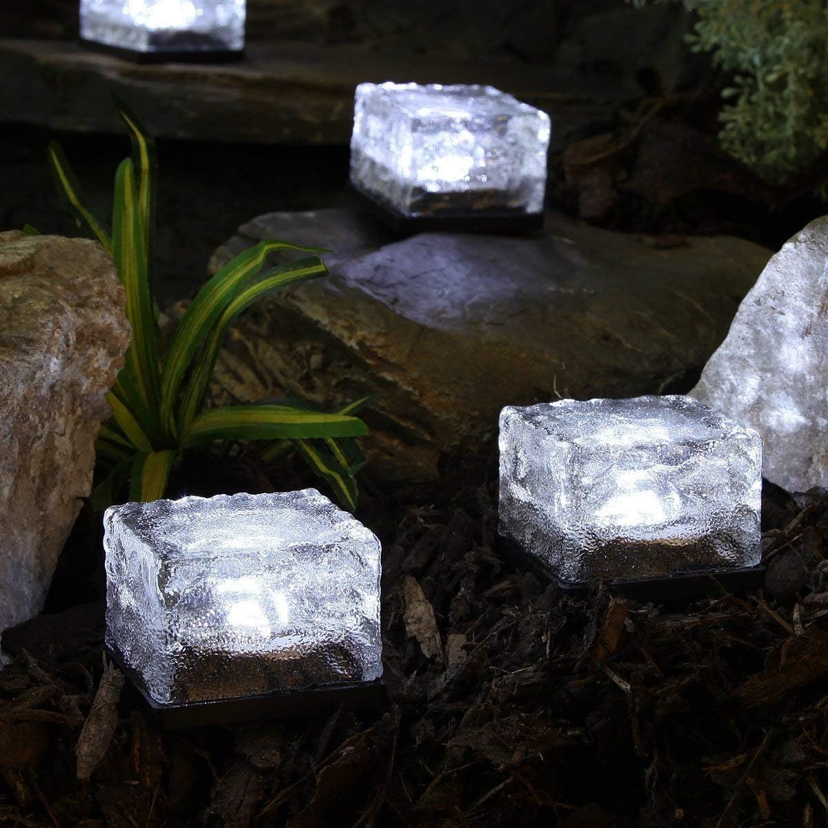 4 Pack Solar Path Ice Cube Lights Outdoor, Waterproof Glass LED Glass Clear Brick in-Groud Buried Festive Light Night Lamp for Garden Courtyard Pathway Patio Pool Pond Decoration(White)