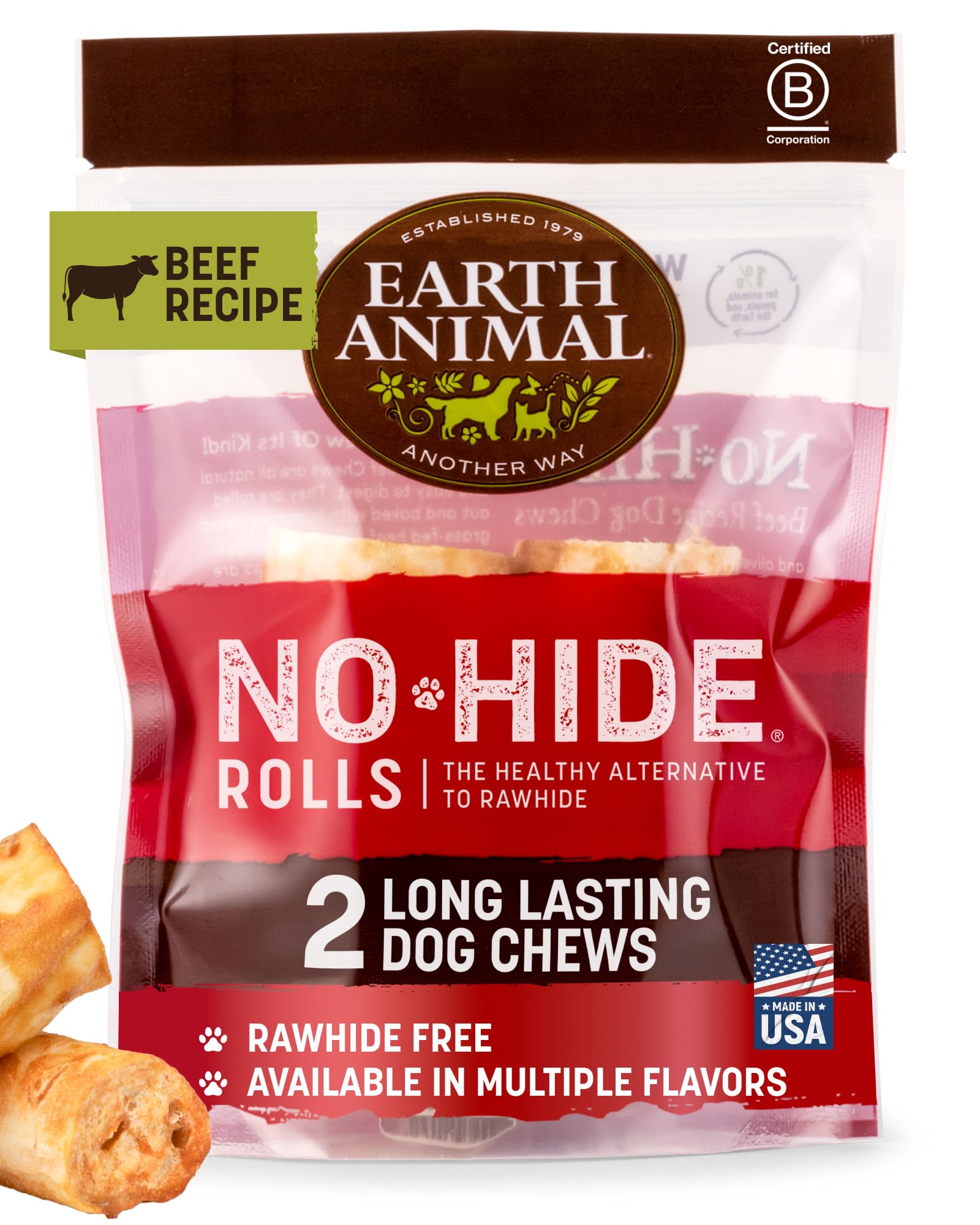 Earth Animal No Hide Chews - Long Lasting Rawhide Free Small Dog Chews Rolls, Beef - 2 Count