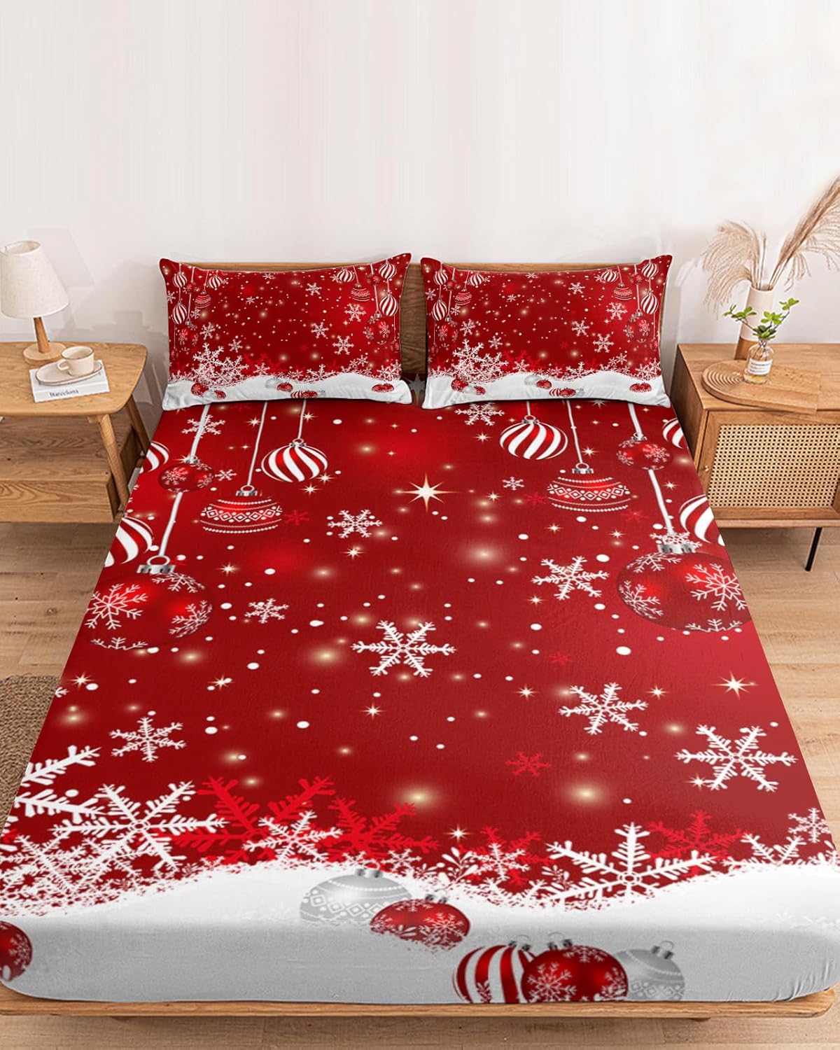 Fitted Bed Sheet Queen Red Christmas Shiny Stars Xmas