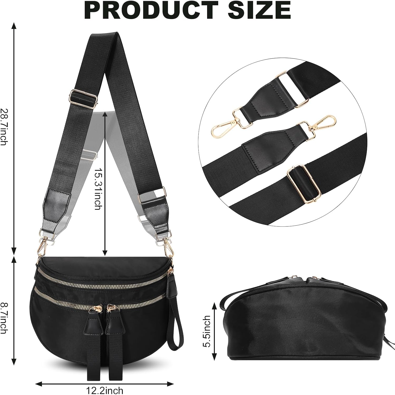 Bum Bags for Women Crossbody,Nylon Bum Bag Large Pure Color Fanny Pack Double Pockets Oversized Slouchy Belt Bag (Black) - Image 6