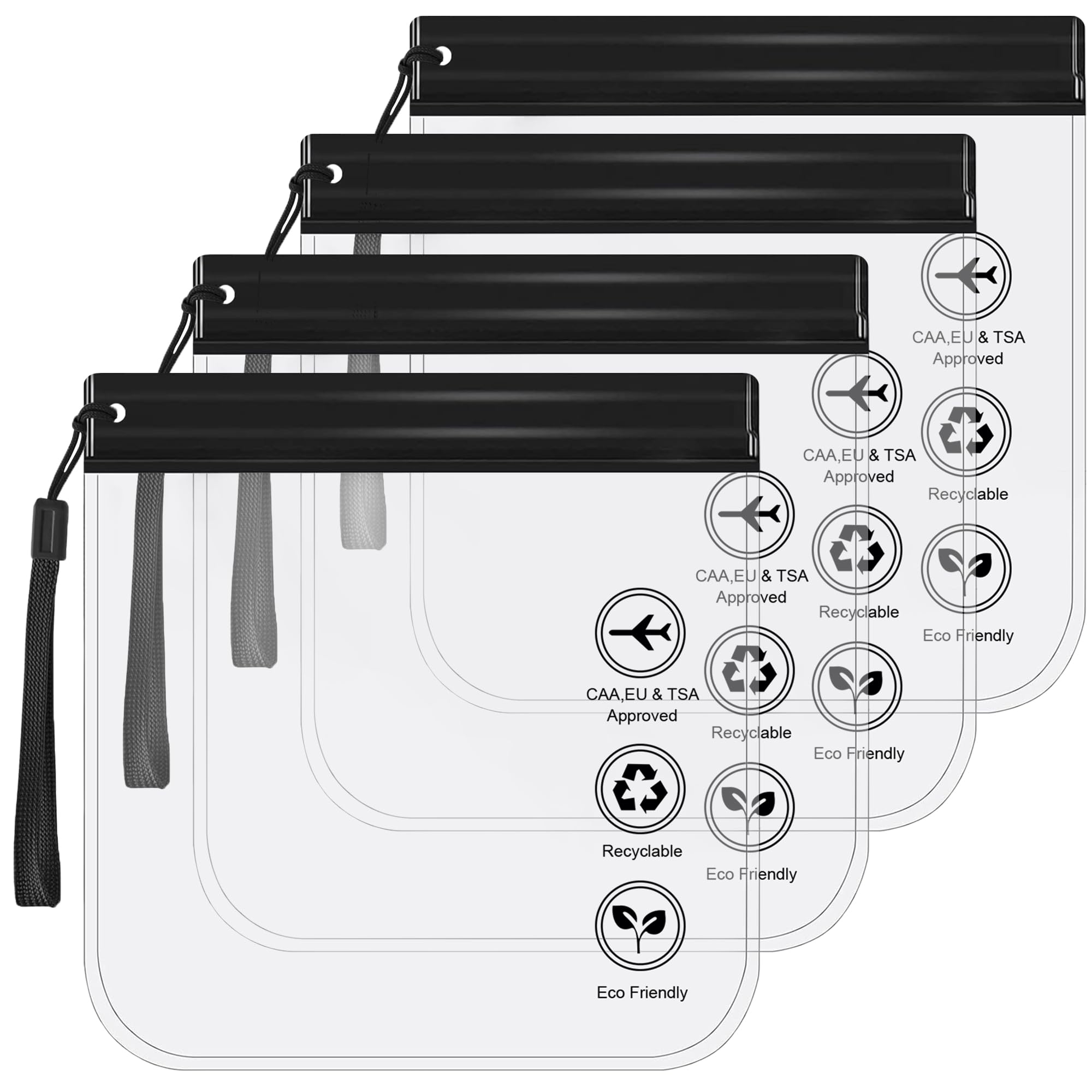 LAMIRE4Pcs Airport Security Liquids Bags 20x20cm - Clear Travel Toiletry Bag TSA Approved - Waterproof & Leakproof Makeup Bag Travel Accessories Holiday Essentials Luggage Men Women (Black, 4Pcs)