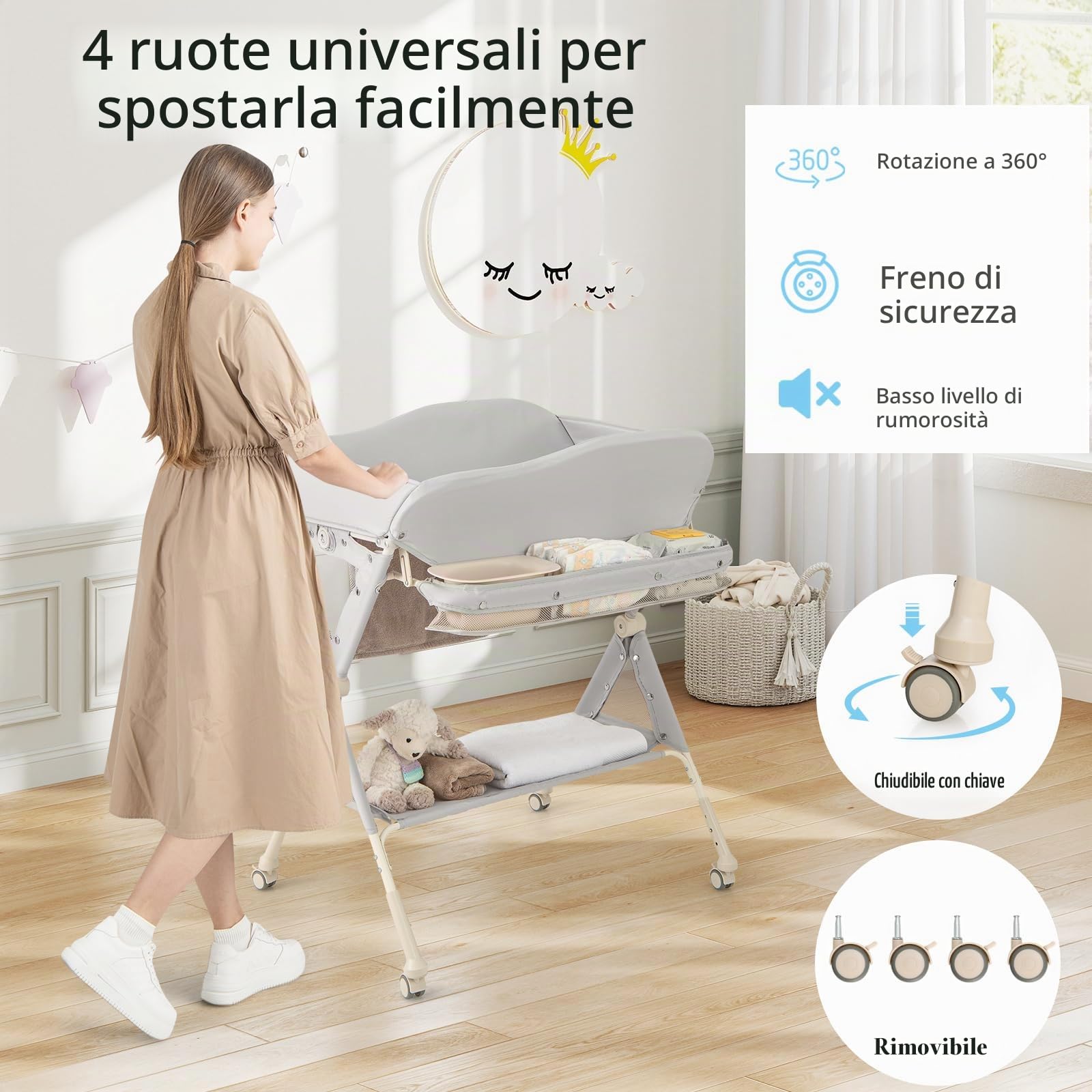 LIFEZEAL Fasciatoio con Ruote Universali, Fasciatoio Pieghevole e Portatile in Tessuto Resistente e Impermeabile con Piccola Vasca, Struttura Robusta, Capacità di 15 kg, per Bambini 0-6 Mesi, Grigio