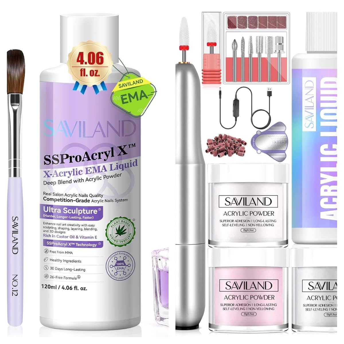 SAVILAND EMA Monomer Acrylic Nail Liquid and Acrylic Nail Kit with Nail Drill