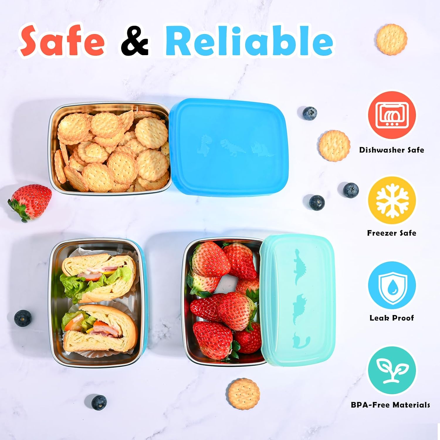 Tanjiae 3-Pack Stainless Steel Snack Containers for Kids & Toddlers - 550ml (18oz) Leakproof Colorful Lids with Cute Dinosaurs | LFGB Certified, Stackable Metal Lunch Box for Daycare, School, Travel image 5