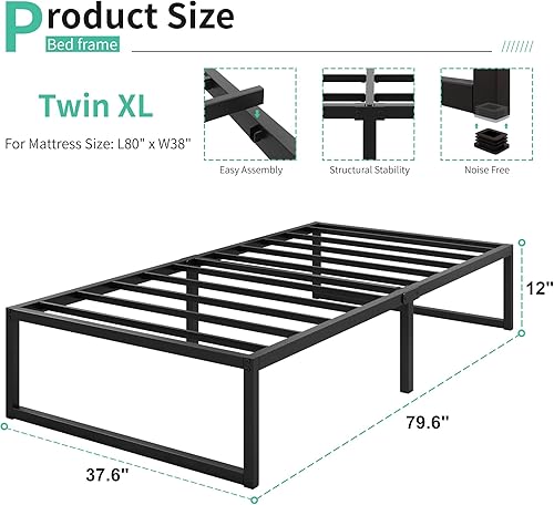 Miniatura 36 de Marco de cama individual de 9 pulgadas, marco de cama individual de metal resistente, no necesita somier, sin ruido, fácil montaje, color negro