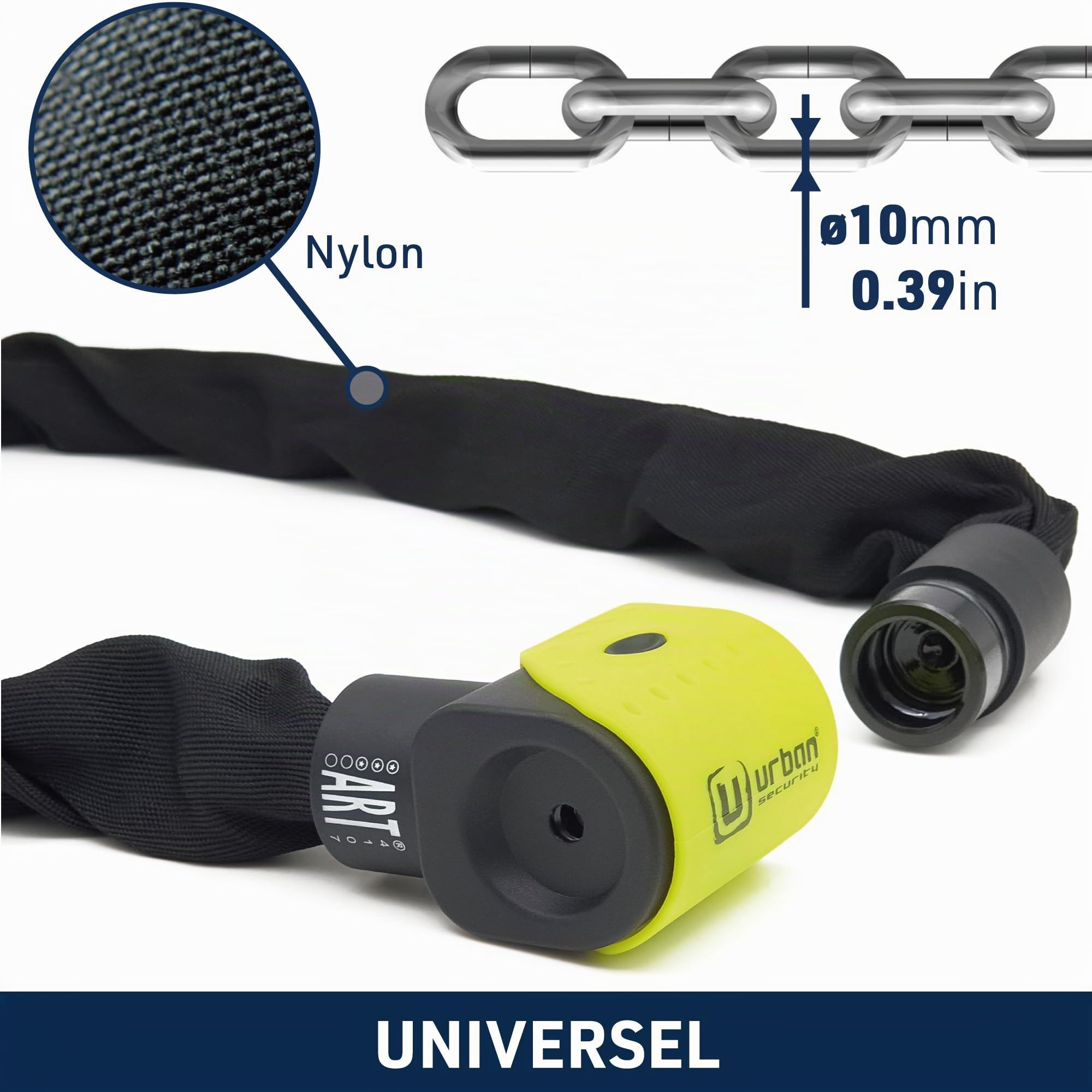 URBAN 10K120 Chaine Antivol Moto ART3 Homologué, Maillons en Acier Trempé ø10mm, Revêtement Textile, Cadenas à Chaîne Haute Sécurité pour Moto, Scooter, Velo, Trottinette Electrique, 120cm