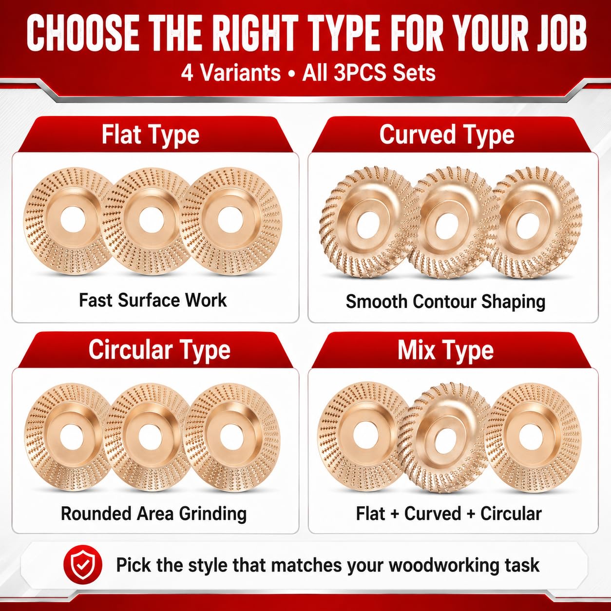 Tungsten Carbide Wood Cutting Wheel Carving Disc Shaping Attachments Set for Shaping Sanding Grinding Blades Heavy Duty Angle Grinder Polishing Pad for 4" & 4-1/2" Woodworking (Flat Type*3)