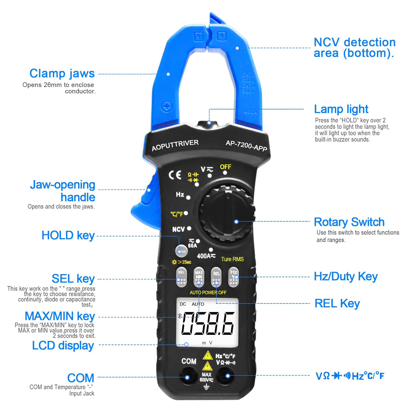 Bluetooth Clamp Meter AC DC AMP Meter AP7200APP Autoranging 6000
