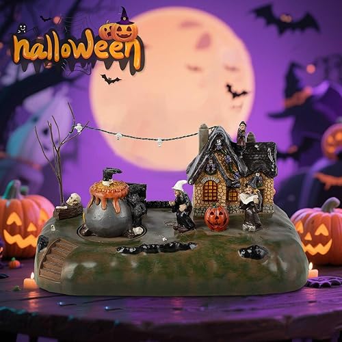 Miniatura 6 de Figura de caldero de bruja de pueblo de Halloween con casa iluminada, ciudad espeluznante, accesorios de decoración de interiores, para exhibición