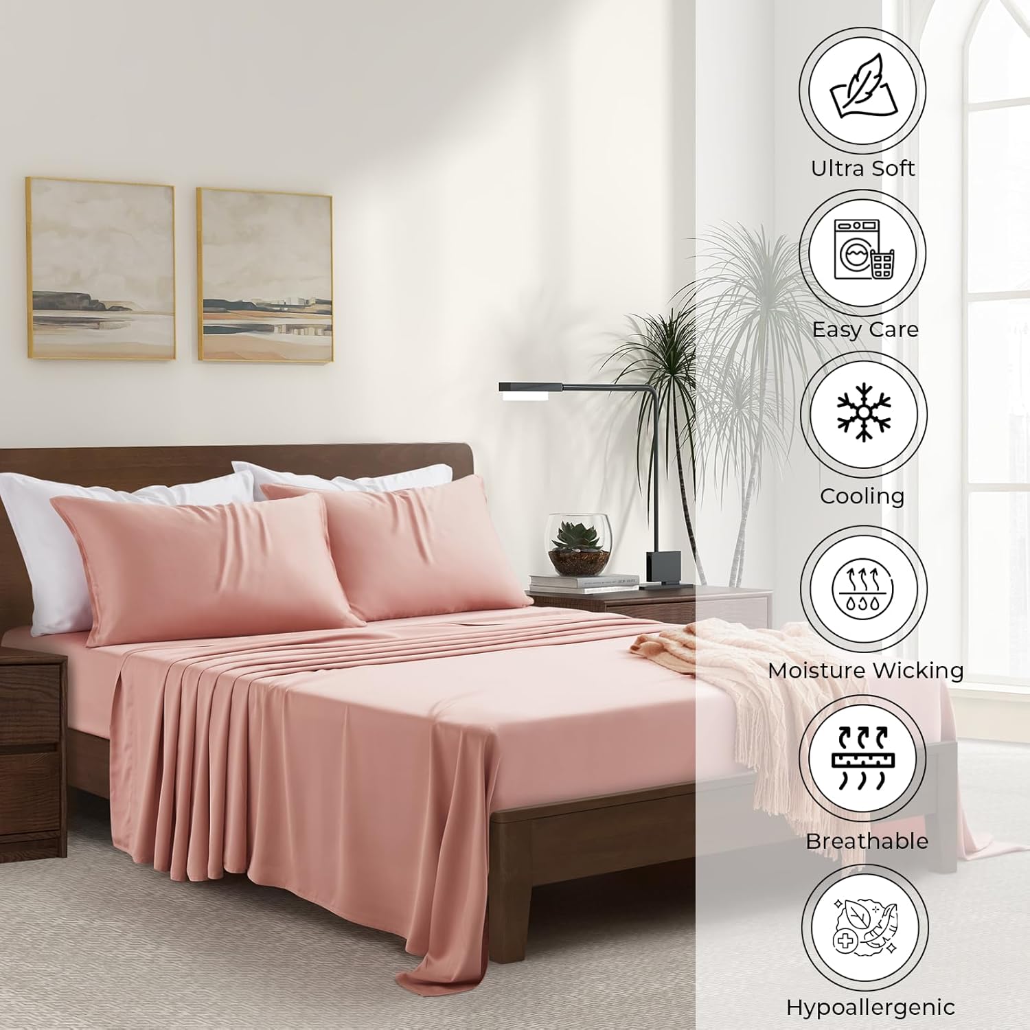 Luxury Bamboo Market | Queen Size Bed Sheet Set | 100% Viscose Made from Bamboo | Organically Grown | Ultra Soft | Cooling Sheets for Hot Sleepers | 17" Deep Pocket [Rose Quartz] - Image 4