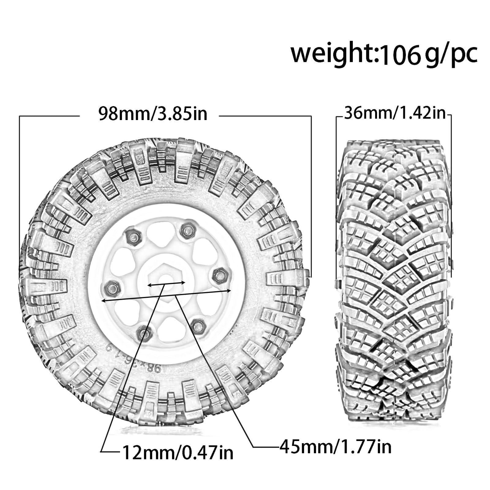 RC Car Pneumatico Ruota Compatibile con Traxxas per TRX4 D90 D110 per Axial per SCX10 per MST 1/10 RC Crawler Car 98mm 1.9 "Beadlock Wheel Rim Set di Pneumatici in Gomma(Black)