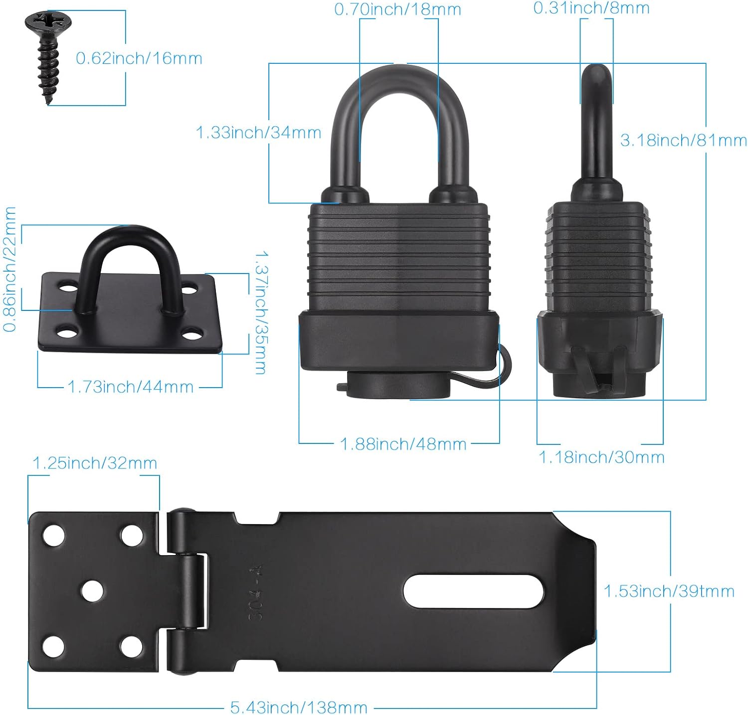 Stainless Steel Door Latch Hasp With Padlock and Screw, Heavy Duty Hasp and Staple, Gate Lock - Image 3
