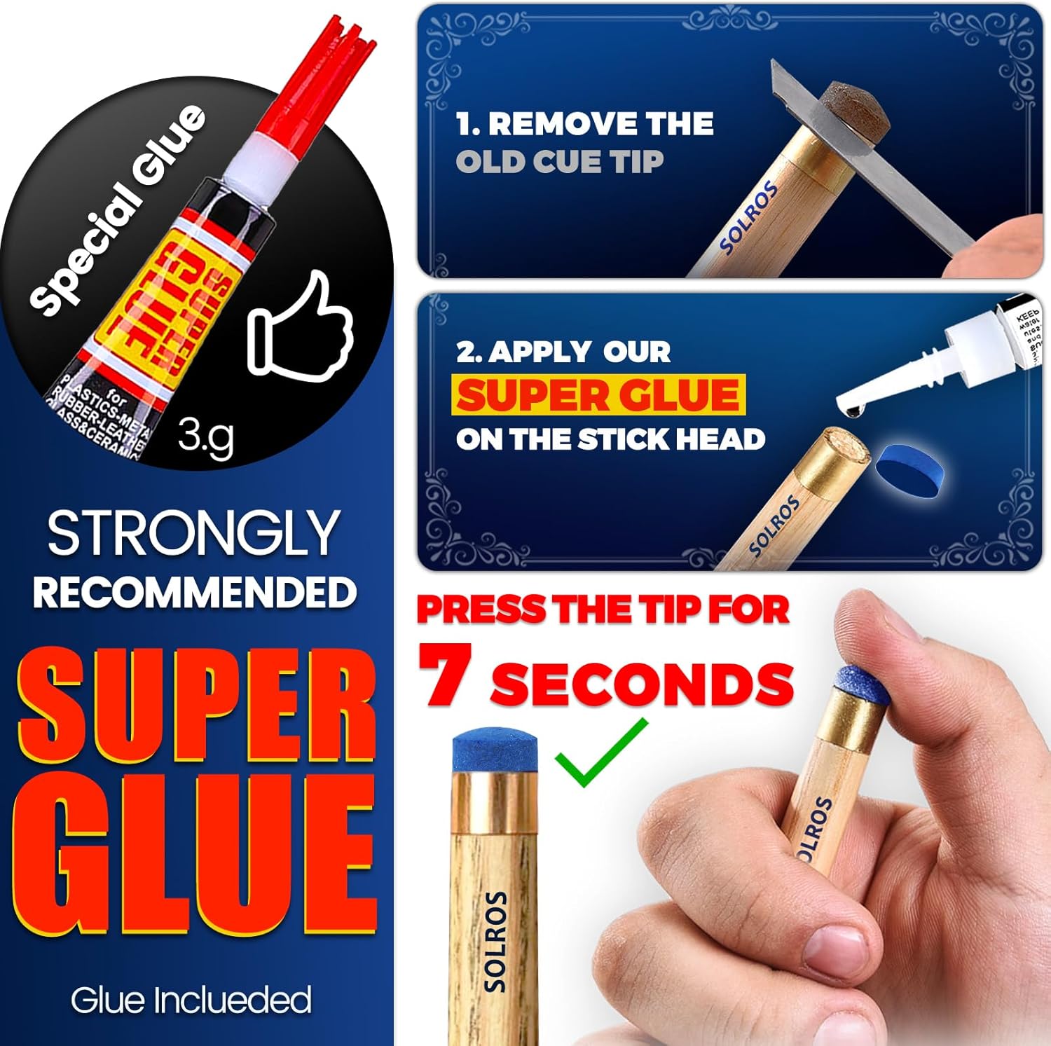 Billiard Pool Cue Tips - Pool Cue Stick Tips Replacement Repair Kit Billiard Cue Tips with Storage Box for Pool Table Cues Stick Tips Head and Leather Snooker Stick - SOLROS thumbnail