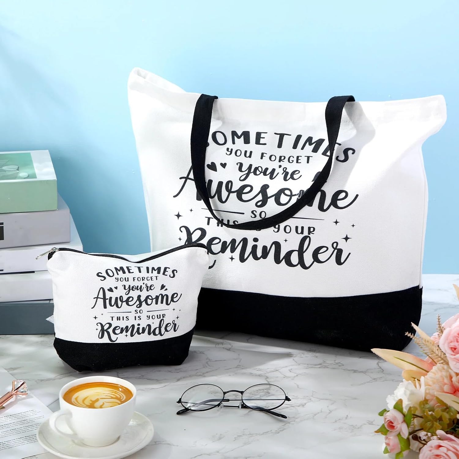 Silkfly 32 Pcs Thank You Canvas Tote Bags with Handles Inspirational Makeup Bags Set for Women Teacher Employee Gifts