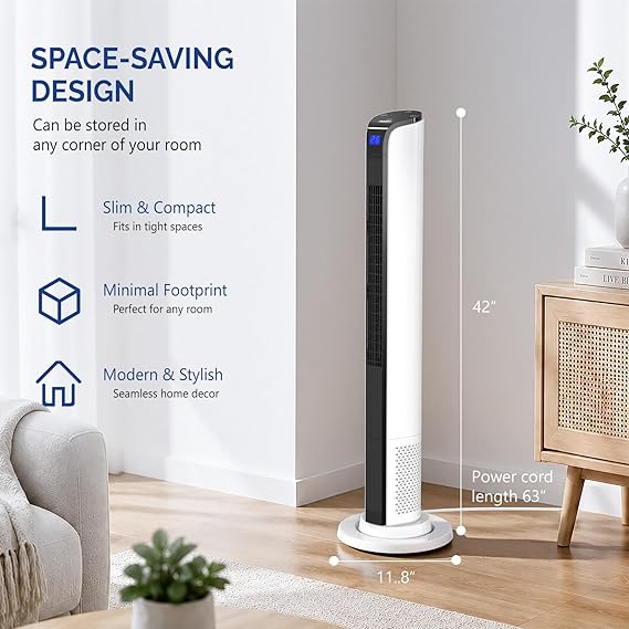 ROVSUN 42 Tower Fan with APP & Remote Control, Smart Floor Fan with 3 Modes 3 Speeds & Digital Display, Bladeless Standing Fan with Oscillating, 12H Timer, Quiet Fan for Cooling Bedroom, Home, Office