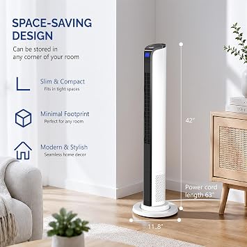 ROVSUN 42 Tower Fan with APP & Remote Control, Smart Floor Fan with 3 Modes 3 Speeds & Digital Display, Bladeless Standing Fan with Oscillating, 12H Timer, Quiet Fan for Cooling Bedroom, Home, Office