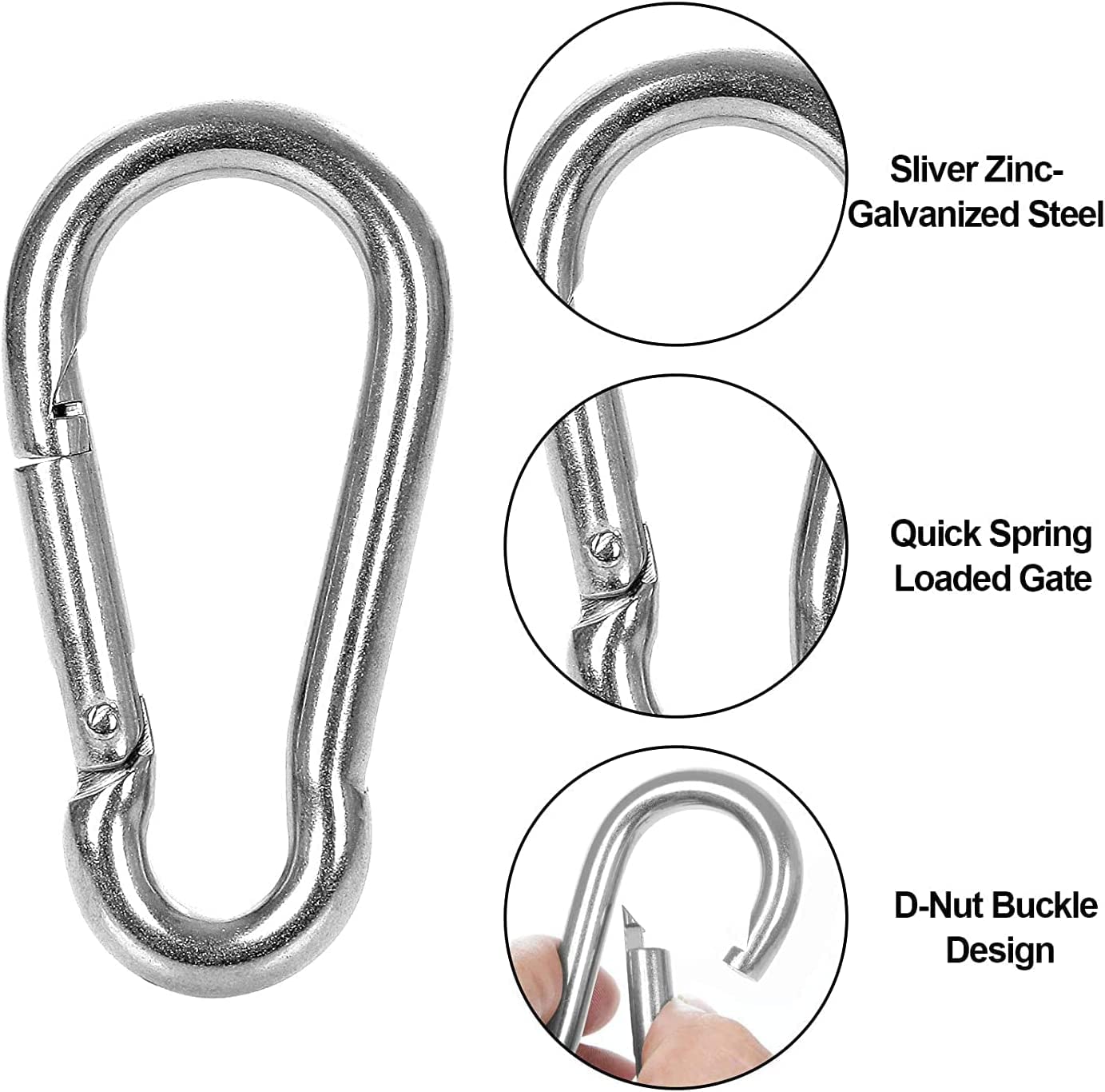 Moschettone a molla M6, Moschetto, Moschettone Piccolo Portachiavi, Set Moschettoni, con Clip a D, Resistente, per Campeggio, Altalena, Amaca, Escursionismo, Argento (Capacità 226,8 kg)