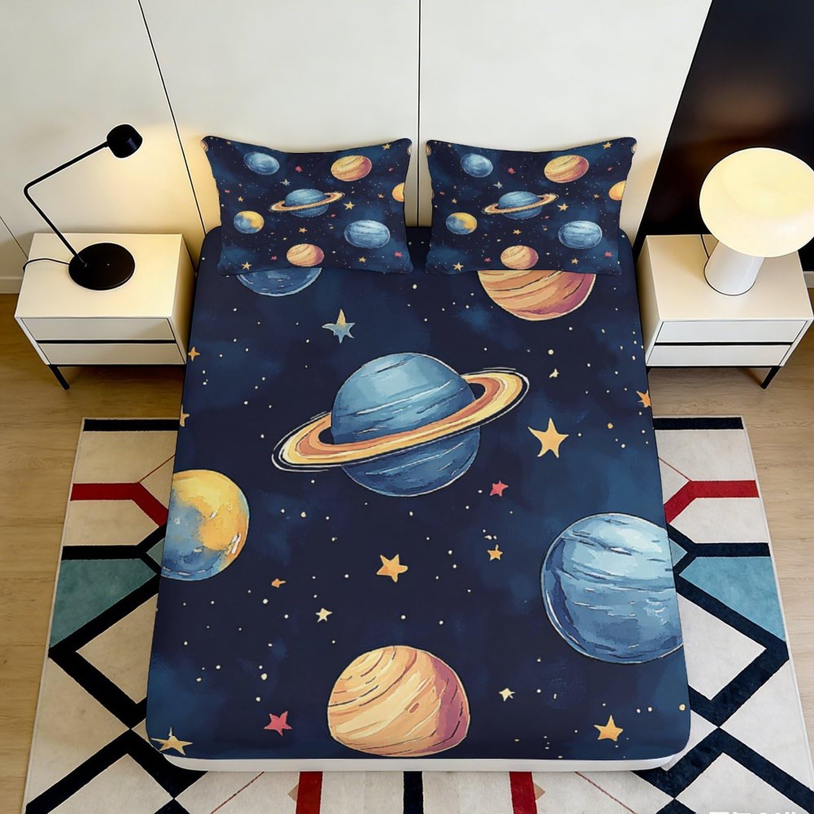 3D Printed Planet Pattern Fitted Sheet Microfiber Deep Pocket Elastic Hem Bedroom Bedding Planet Mattress Fitted Cover Washable for Adults Teens 90x200x25cm