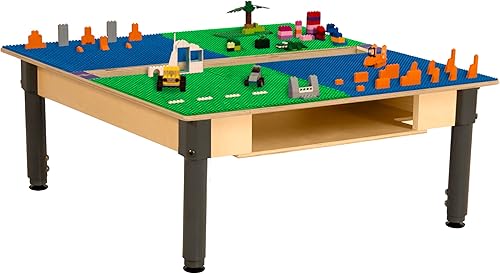 Miniatura 2 de Time-2-Play - Mesa de actividades cuadrada 2 en 1 Montessori para niños de 35 pulgadas de ancho, color azul y verde, con canal y estante para niños