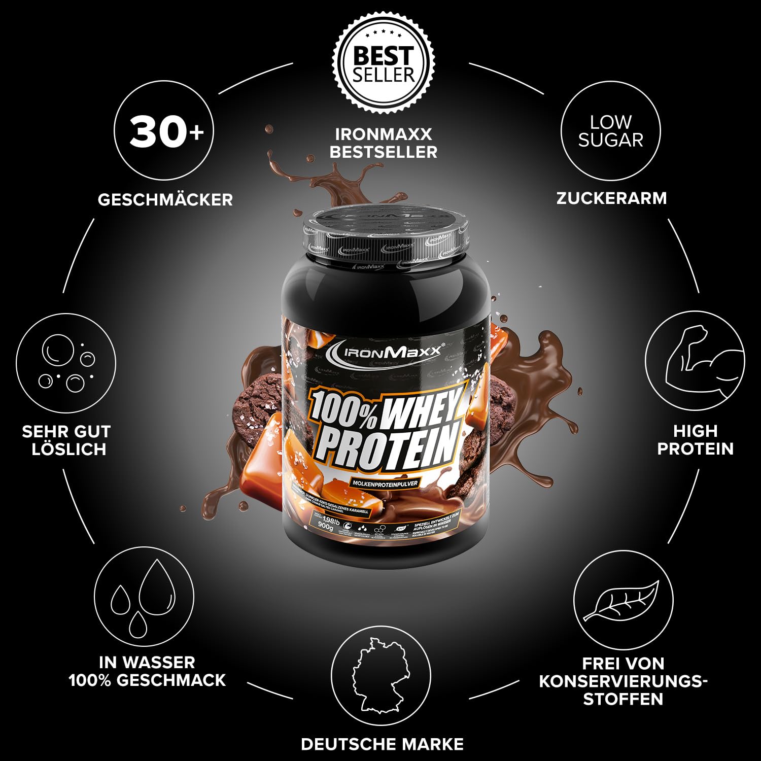 IronMaxx 100% Whey Protein Pulver 900g - Dark Cookie Salted Caramel - Frullato ad alto contenuto proteico con BCAA ed EAA per l’allenamento muscolare e il fitness
