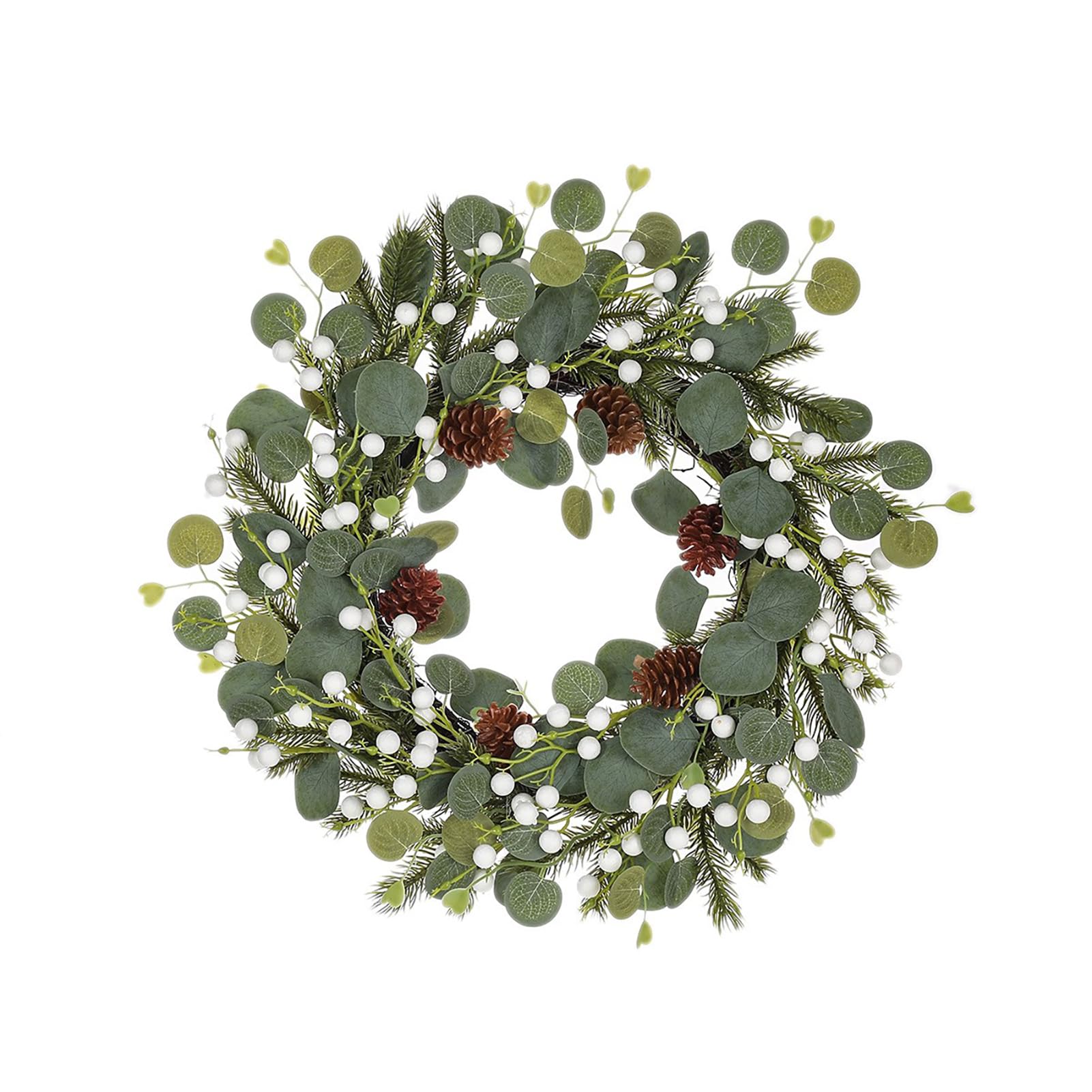 Corona Navideña para Puerta de Entrada Corona Artificial de Bayas Rojas Navideñas de 20 Pulgadas con Piñas y Hojas de Eucalipto Adornos Colgantes Navideños para Decoración (Baya