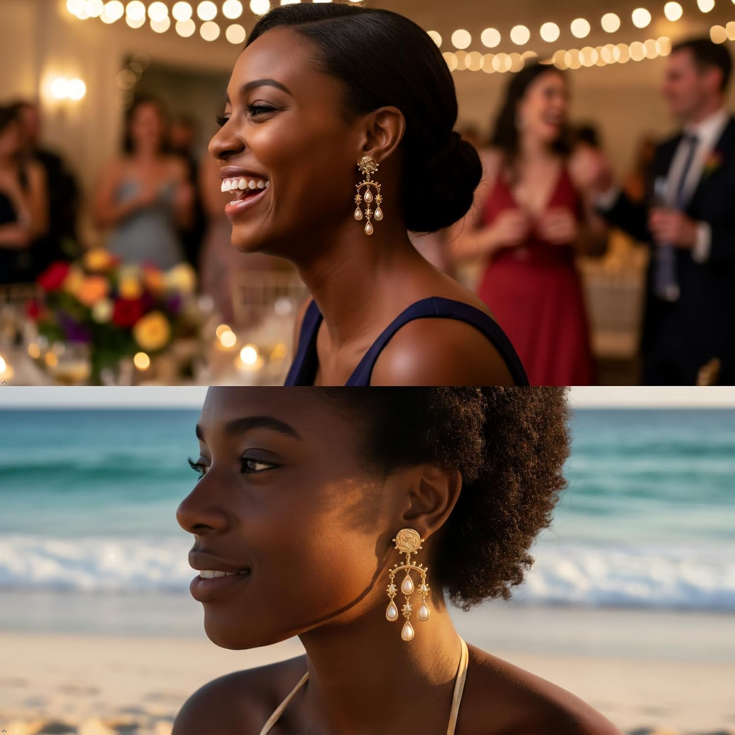 Vintage Pearl Drop Earrings, Gold Plated Chandelier Design with White Pearls, Dangle Statement Jewelry Gift for Women - Image 4