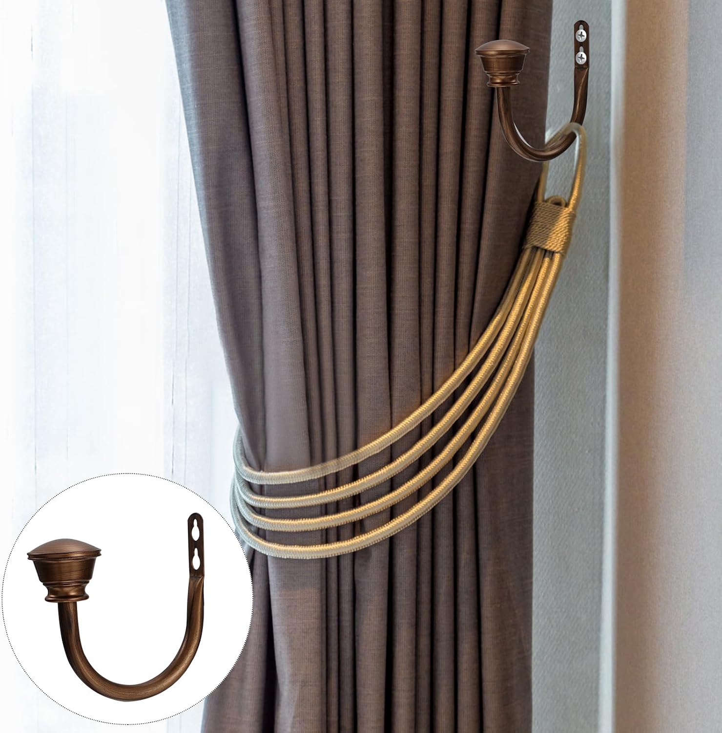 SECFOU U-Shape Curtain Tiebacks and Drapery Hooks 11mm Copper Finish Iron Holdbacks for Wall-Mounted Window Curtain Holders Home Decor Hardware