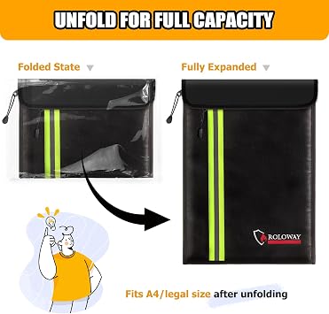 ROLOWAY Fireproof Envelope for Cash, Legal Documents Safe (15 x 11 inch) with 2 Pockets & Waterproof Zipper, Black