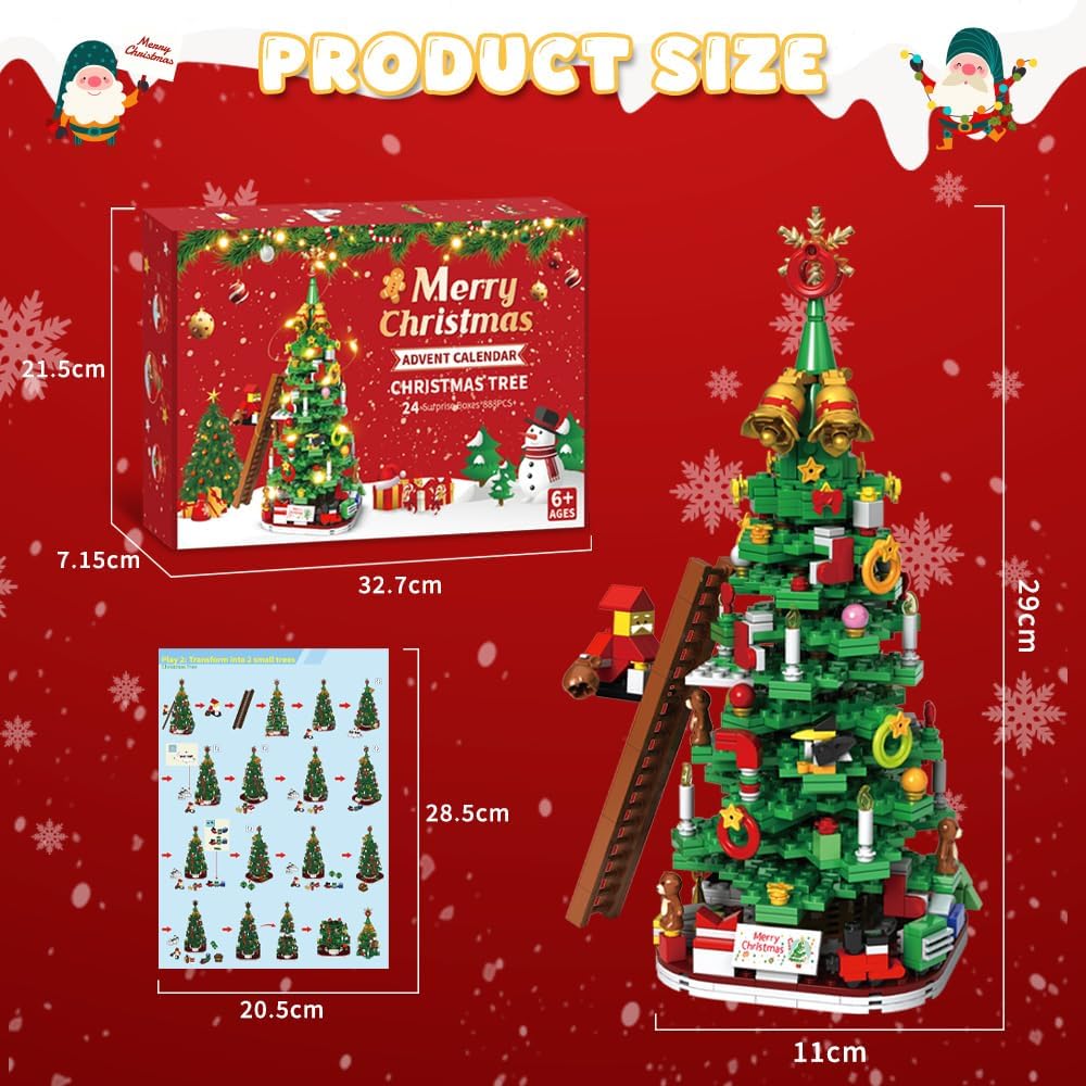 Advent Calendar 2025 Christmas Tree Building Toy Set with LED light, Christmas Countdown Calendar, 24 Days Building Block for Kids Adult Creative Gifts for Adults Teens Girls Ages 3+