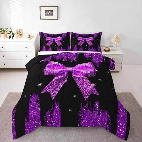 Erosebridal Purple Bow Knot Comforter Set, Starry Sky Princess Bow Comforter Set