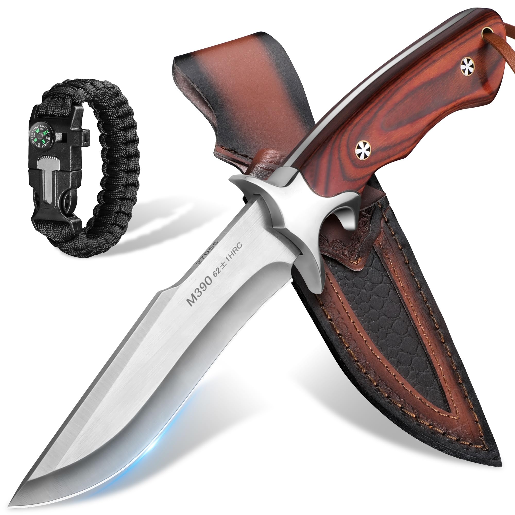 Plys Couteau de Survie Lame Fixe: Full Tang Couteau D'ExtéRieur Acier M390, Manche en Bois Avec éTui en Cuir, Dragonne en Paracorde, Cadeau Pour Homme,Adapté au Camping et à la Randonnée