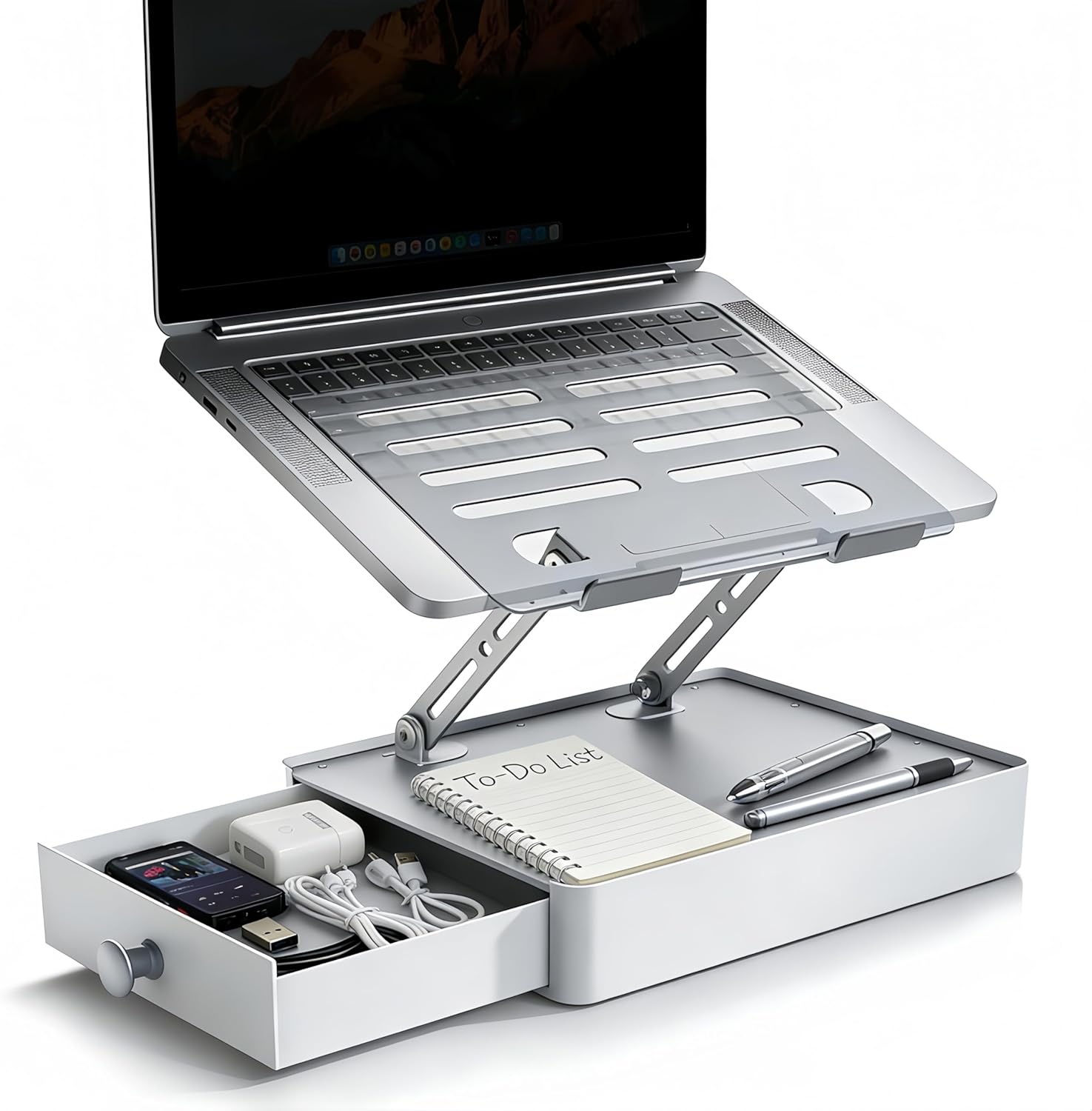 Heavy Duty ErgoAdjust Laptop Stand with Storage Drawer