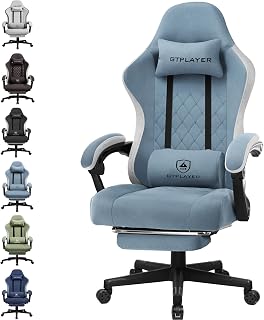 GTPLAYER Silla ergonómica para Videojuegos, con Superficie de Tela, cojín de Asiento de Muelle, reposabrazos y reposapiés, Color Azul Claro