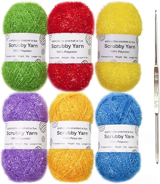 Yarn For Crochet,6 Pcs Scrubby Yarn for Dishcloths Sparkle Polyester Glass Silk Pastel Supplies, for Knitting Weaving DIY Craft(No Craft) (Style A)
