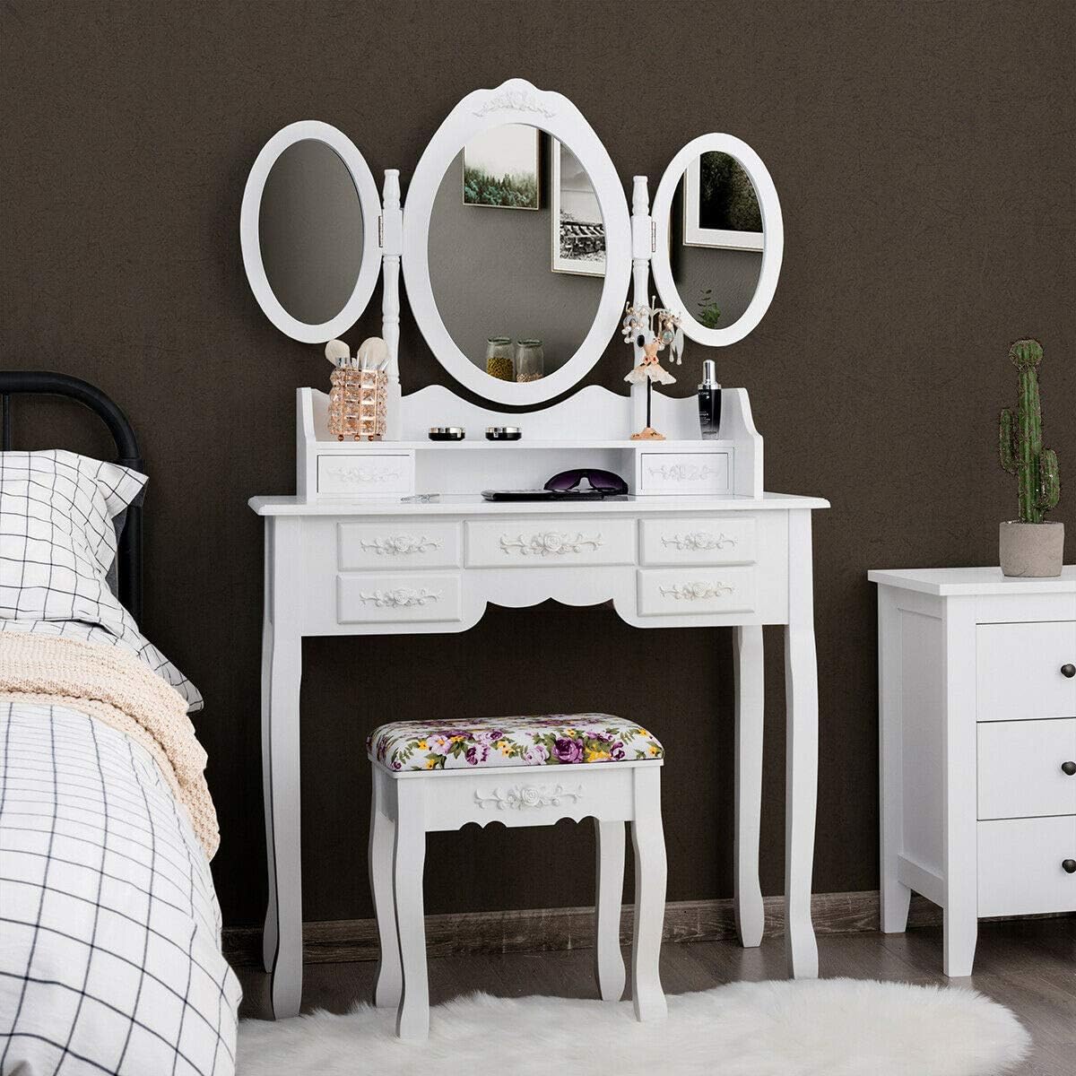 Vanity Makeup Set Tri-Folding Mirror Dressing Table Stool Set 7 Drawer Bedroom