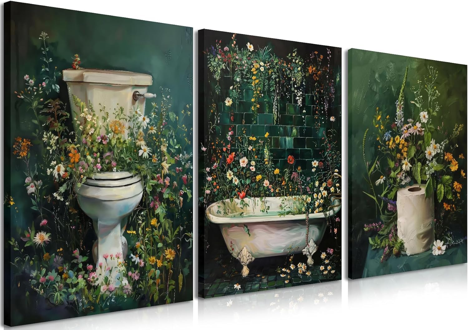 lianyibo 3Pcs Vintage Floral Bathroom Wall Art, Dark Green Moody Floral Canvas Prints, Rustic Cottagecore Wildflower Paintings(40x60x3/Frameless)