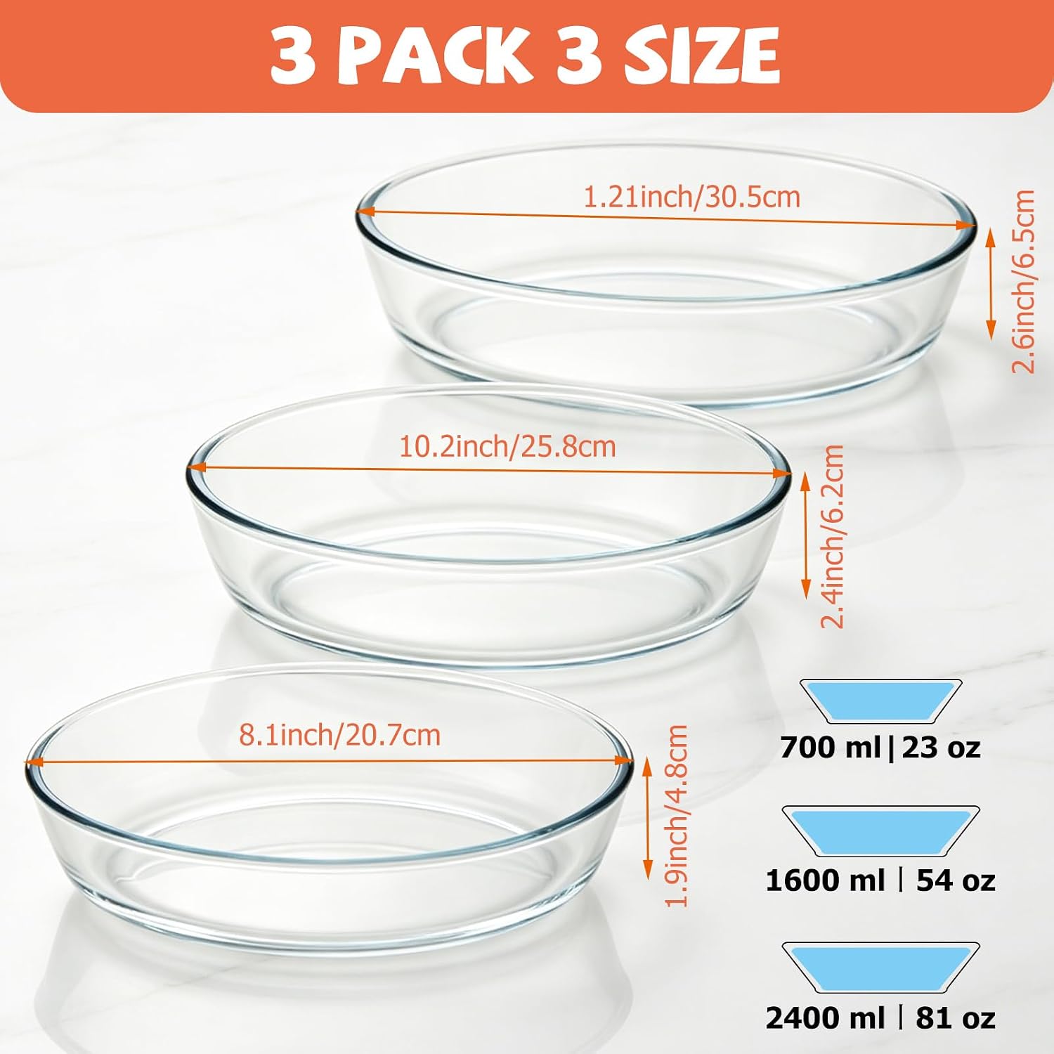 CYEAH 3 Size Oval Glass Baking Dish Set, Clear Casserole Bakeware