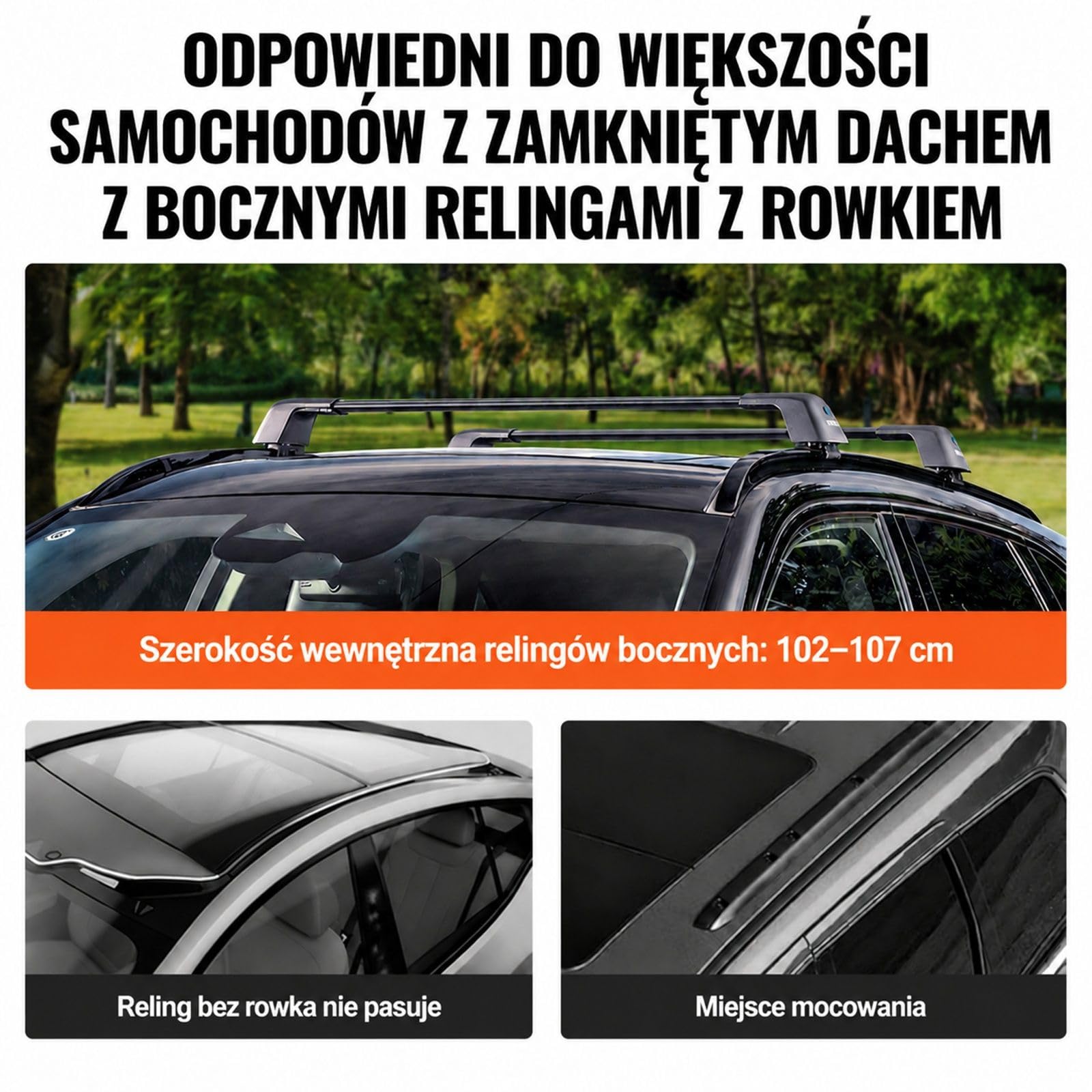 Uniwersalne aluminiowe belki dachowe, 2 sztuki, czarne, do aut z podniesionymi relingami i bagażem podróżnym