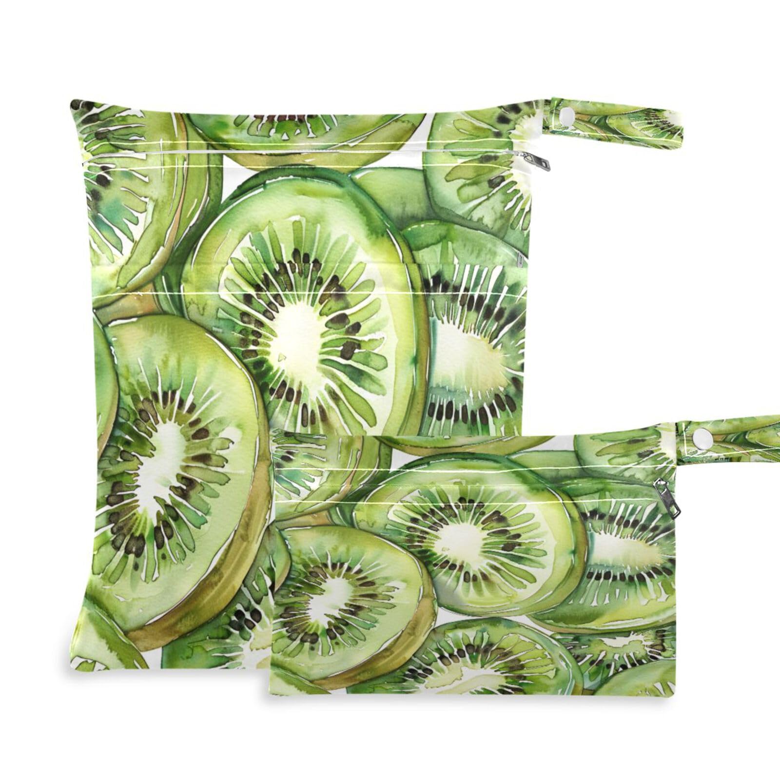 ATTX Green Kiwi Fruit Slices Wet Dry Bags 2-Pack - Reusable Cloth Diaper Storage for Travel, Beach & Gym | Multi-Use Waterproof Bags for Swimsuits, Baby Clothes, Sports Gear#402