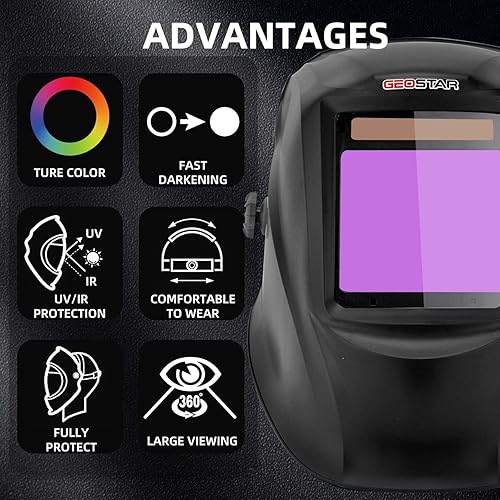 Miniatura 3 de GEOSTAR Casco de soldadura de oscurecimiento automático de 3.94 x 3.46 pulgadas, visión grande, 4 sensores de arco, capucha de soldadura con 4