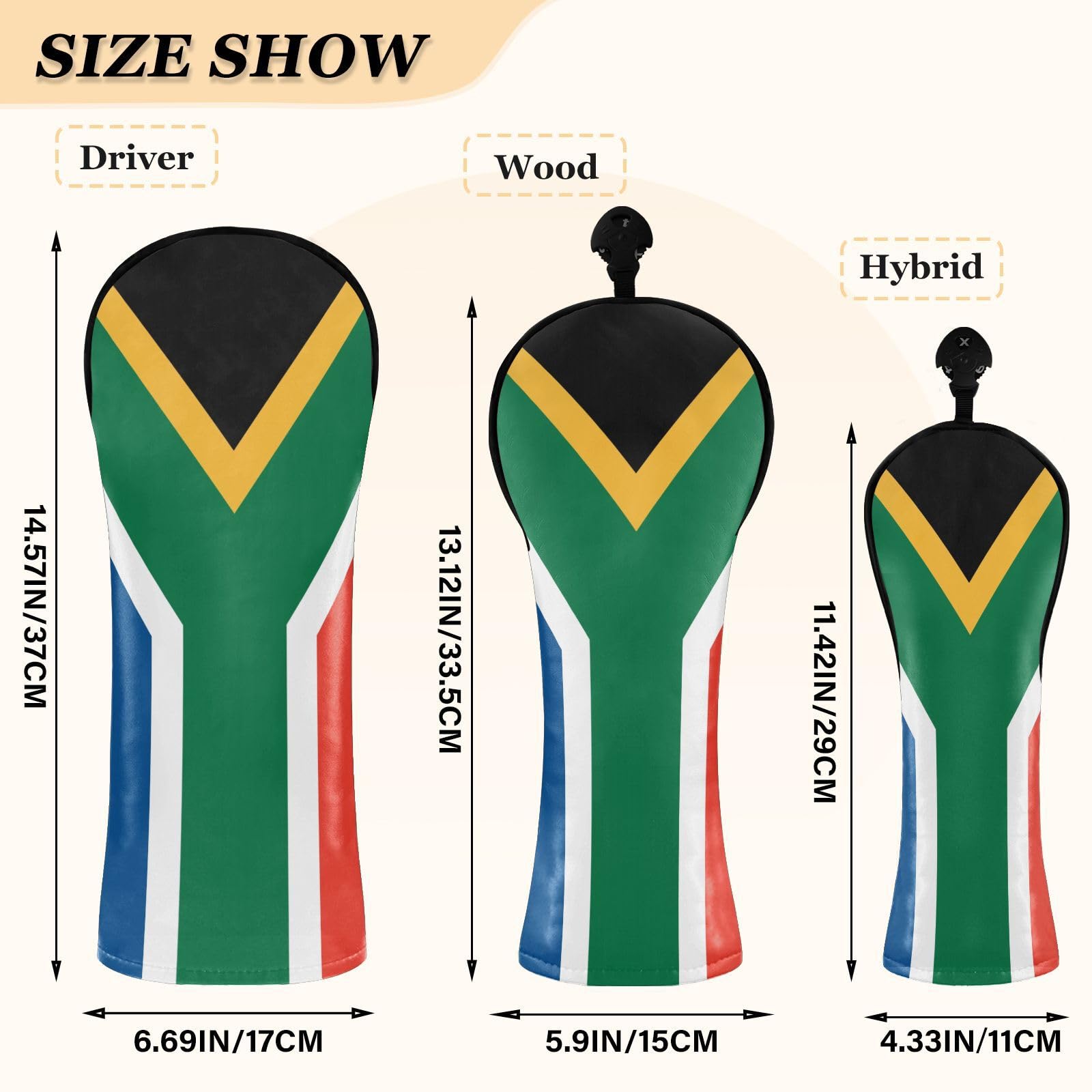 Südafrika-Flagge, südafrikanische Nationalgolfhaube, PU-Leder mit Nummernschildern für Fahrer-Hybrid- und Fairwayhölzer