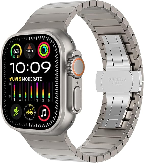 Fullife Compatible with Apple Watch Metal Strap 49mm 45mm 44mm 42mm,Solid Stainless Steel Link Bracelet Straps Replacement Band for iWatch Ultra 2/Ultra Series 9/8/7/6/5/4/3/2/1/SE,Titanium