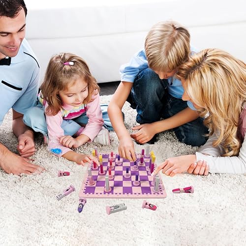 Miniatura 7 de TOYANDONA Juego de ajedrez de madera, juego de ajedrez de viaje de dibujos animados de 11.8 pulgadas, juego de mesa de ajedrez rosa con bonitas
